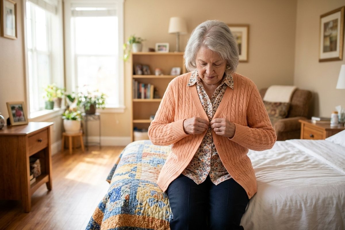 A senior sits on the edge of a bed in a sunlit bedroom, looking down while buttoning a peach cardigan.