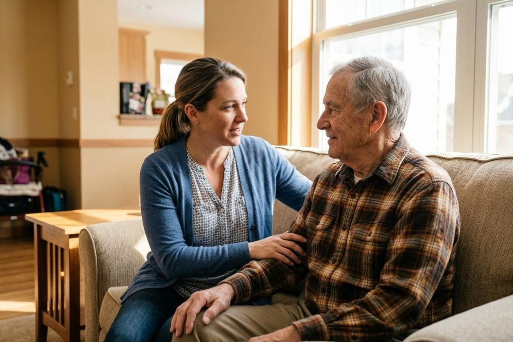 A woman sits beside a senior on a couch by a window, hand on their shoulder and arm, both smiling as they talk.