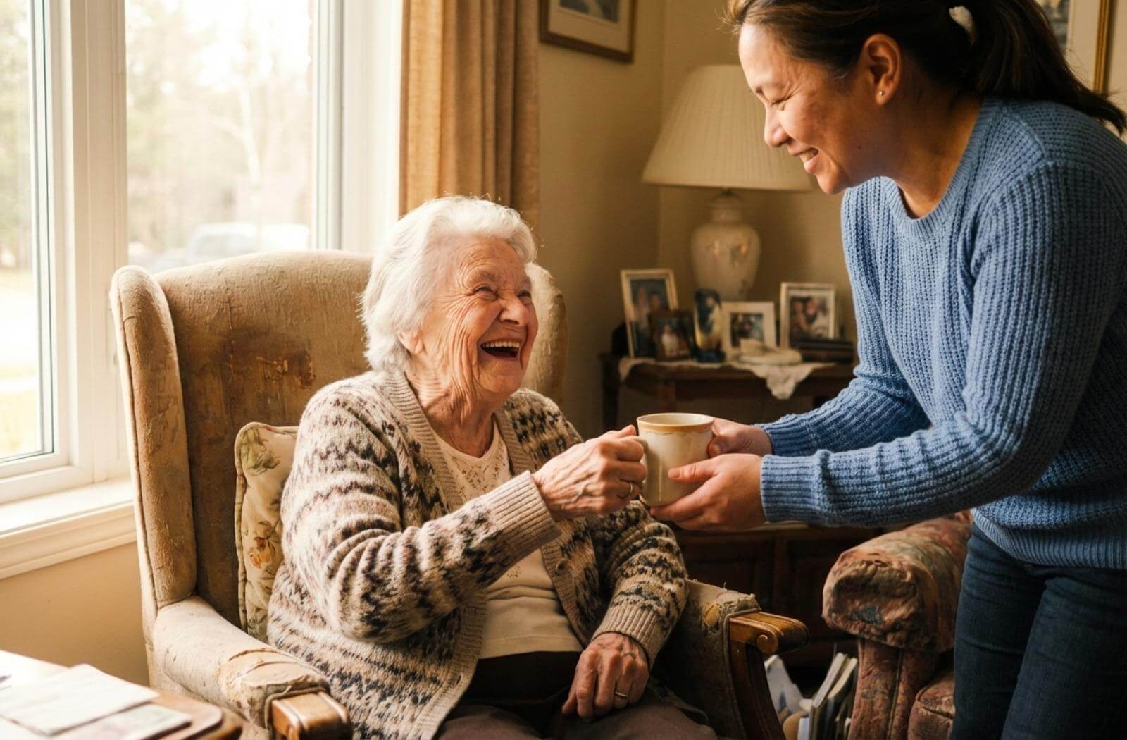An older woman sips coffee while relaxing