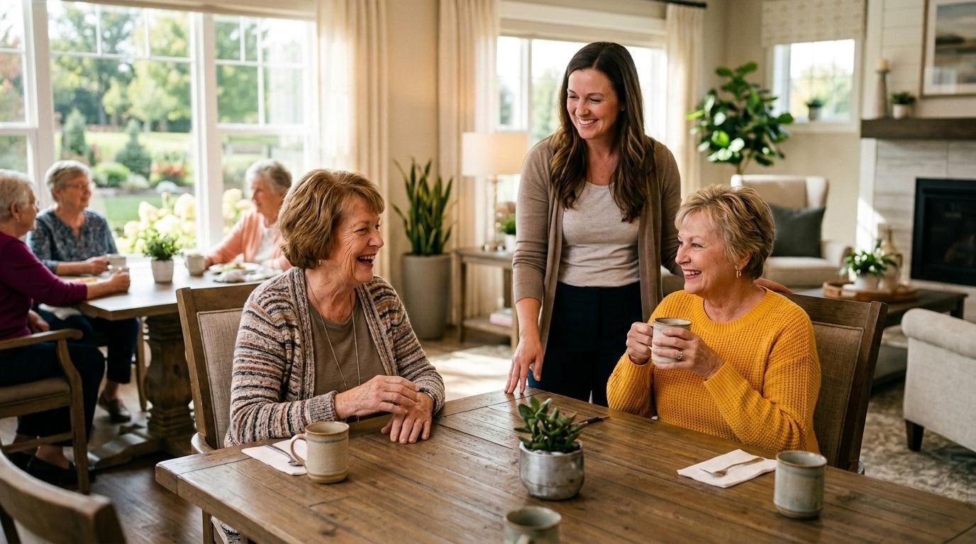 Group of women chatting around a table in